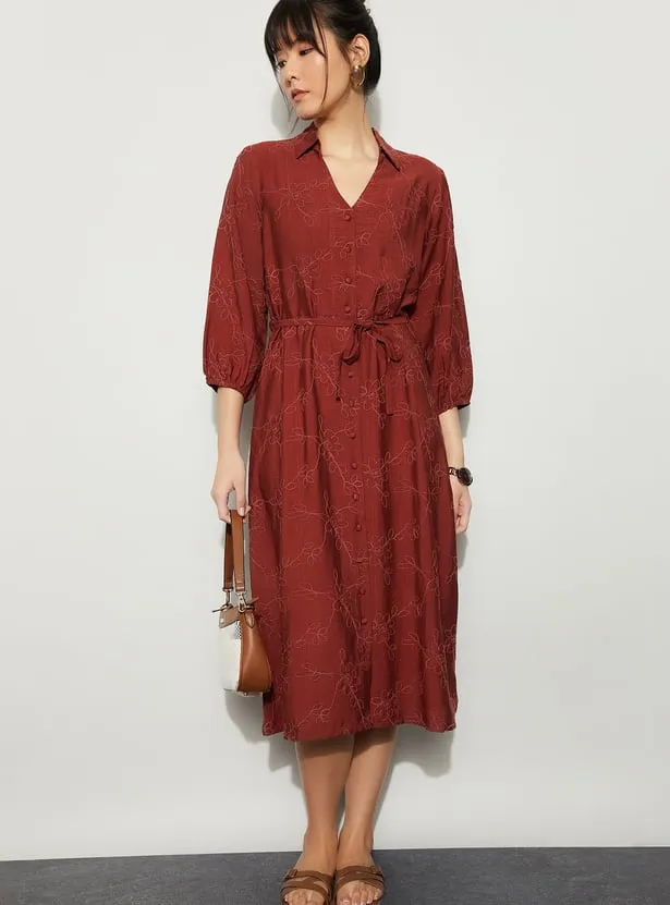 CODE Floral Embroidered Buttoned Midi Dress